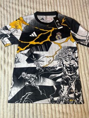 adidas Real Madrid Marvel Graphic Jersey in Black, White & Yellow